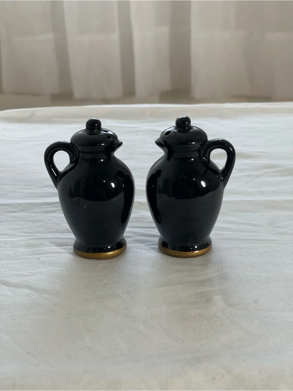 Vintage Black Ceramic Salt & Pepper Cruet Set with Gold Accents